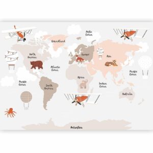 Fotobehang - Map in Shades of Beige - Continents With Animals