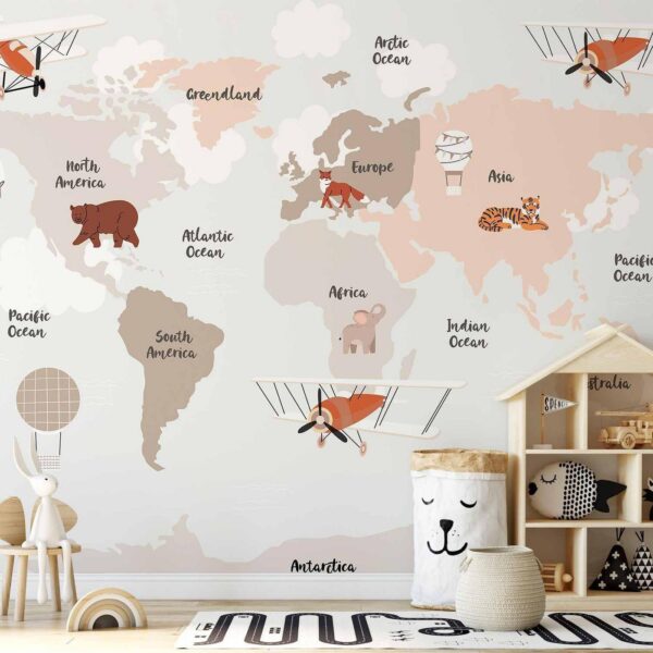 Fotobehang - Map in Shades of Beige - Continents With Animals