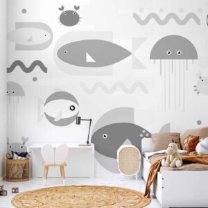 Fotobehang - Minimalist grey ocean - geometric fish in water for children