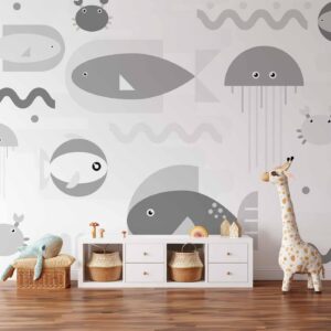 Fotobehang - Minimalist grey ocean - geometric fish in water for children