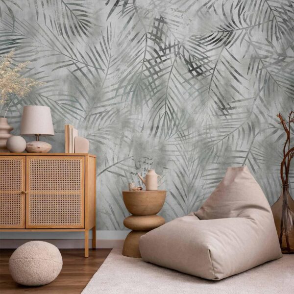 Fotobehang - Minimalist landscape - nature motif with grey exotic leaves