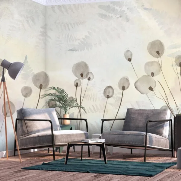 Fotobehang - Minimalist meadow - floral motif in light shades with reflections