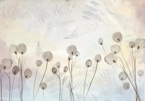 Fotobehang - Minimalist meadow - floral motif in light shades with reflections