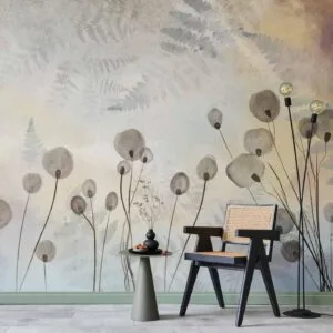 Fotobehang - Minimalist meadow - floral motif in light shades with reflections