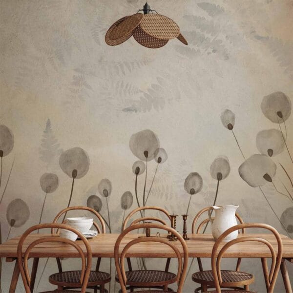 Fotobehang - Minimalist meadow - floral motif in light shades with reflections