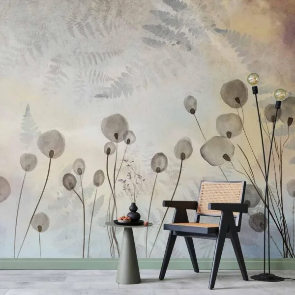 Fotobehang - Minimalist meadow - floral motif in light shades with reflections