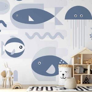 Fotobehang - Minimalist ocean - geometric fish and crabs in water for kids