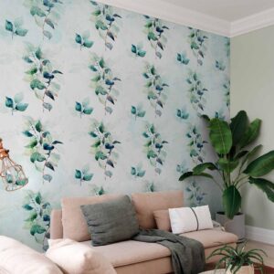 Fotobehang - Mint nature - uniform pattern in floral motif with green leaves