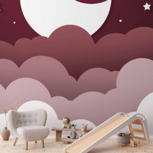 Fotobehang - Moon dream - clouds in a maroon sky with stars for children
