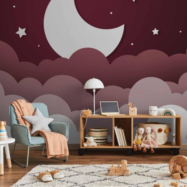 Fotobehang - Moon dream - clouds in a maroon sky with stars for children