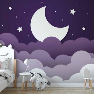 Fotobehang - Moon dream - clouds in a purple sky with stars for children