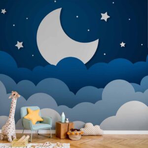 Fotobehang - Moon dream - clouds on a dark blue sky with stars for children