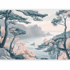 Fotobehang - Mountainous Coast with Trees and Rocks in Light Pastel Blues