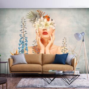 Fotobehang - Nature in thought - female figure among flowers on a patterned background