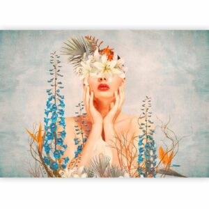 Fotobehang - Nature in thought - female figure among flowers on a patterned background