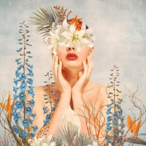 Fotobehang - Nature in thought - female figure among flowers on a patterned background