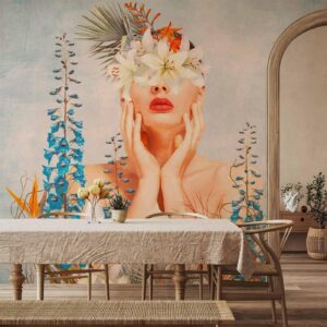 Fotobehang - Nature in thought - female figure among flowers on a patterned background