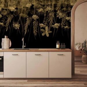 Fotobehang - Nature landscape - black abstract nature motif with flowers in sepia