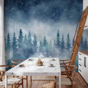 Fotobehang - Night landscape - landscape of a misty forest at night with a starry sky