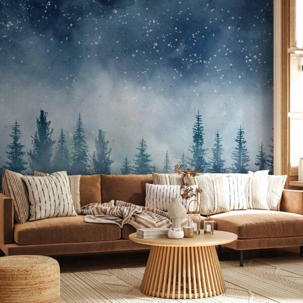 Fotobehang - Night landscape - landscape of a misty forest at night with a starry sky