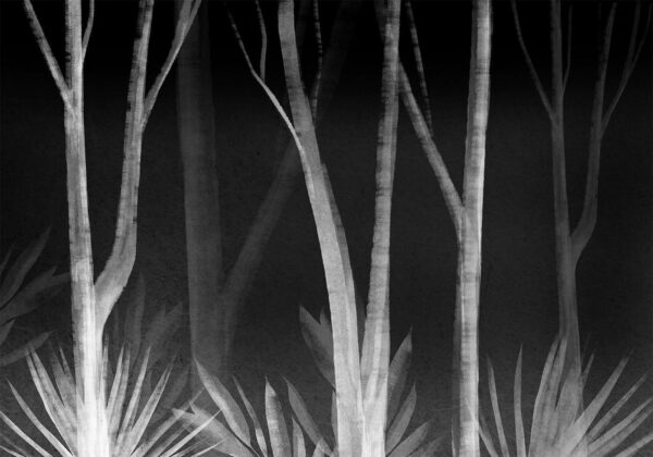 Fotobehang - Noise of the forest at night - minimalist landscape of white trees on a black background