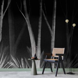 Fotobehang - Noise of the forest at night - minimalist landscape of white trees on a black background