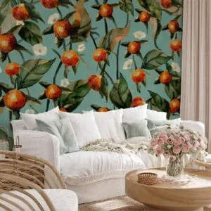 Fotobehang - Orange grove - plant motif with fruit and leaves on a blue background