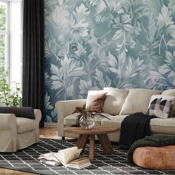 Fotobehang - Ornaments in Worn Muted Turquoises: Delicate Plant Pattern