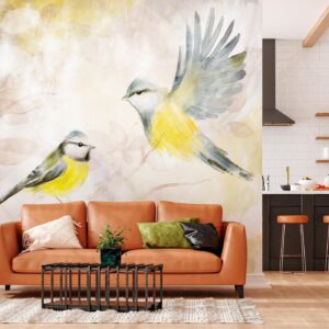 Fotobehang - Painted tits - bird motif with patterns in yellow and beige tones