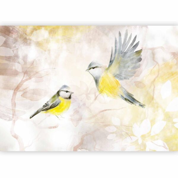 Fotobehang - Painted tits - bird motif with patterns in yellow and beige tones