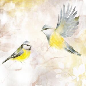 Fotobehang - Painted tits - bird motif with patterns in yellow and beige tones
