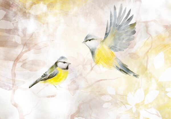 Fotobehang - Painted tits - bird motif with patterns in yellow and beige tones