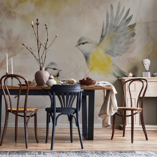 Fotobehang - Painted tits - bird motif with patterns in yellow and beige tones
