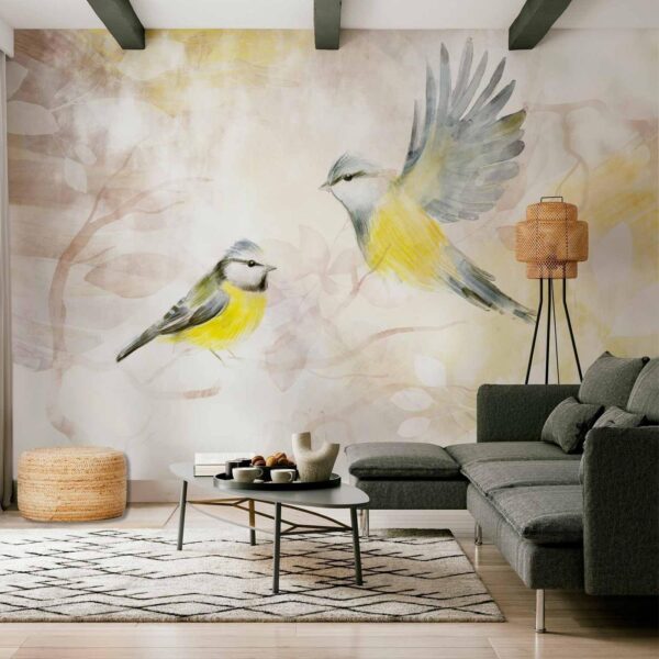 Fotobehang - Painted tits - bird motif with patterns in yellow and beige tones