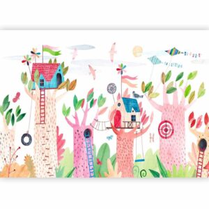 Fotobehang - Painted tree houses - a colourful fantasy with kites for children