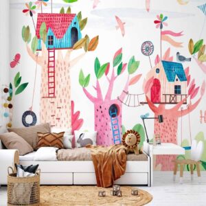 Fotobehang - Painted tree houses - a colourful fantasy with kites for children