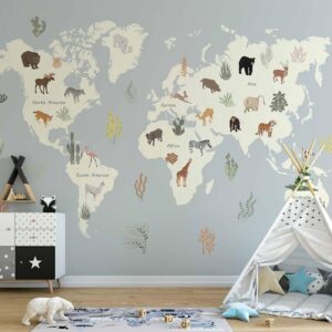 Fotobehang - Pastel Planet - Animals and Underwater Plants on a Map