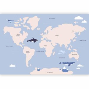 Fotobehang - Pastel Planet - Animals and Underwater Plants on a Map