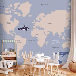 Fotobehang - Pastel Planet - Animals and Underwater Plants on a Map