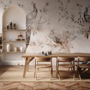 Fotobehang - Peacocks in Delicate Beige