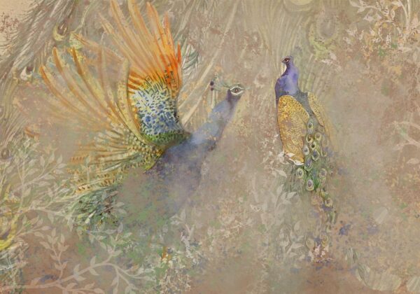 Fotobehang - Peacocks in dance - bird motif among an abstract pattern with ornaments