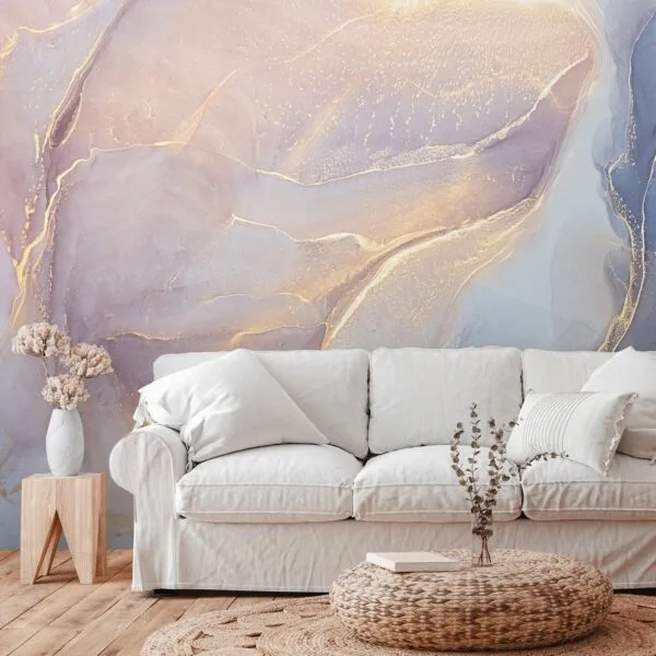 Fotobehang - Pink and Blue Marble - Abstract Watercolour With Gold Accent