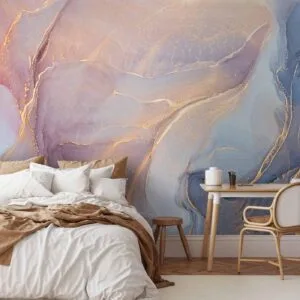 Fotobehang - Pink and Blue Marble - Abstract Watercolour With Gold Accent