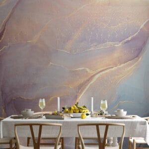 Fotobehang - Pink and Blue Marble - Abstract Watercolour With Gold Accent