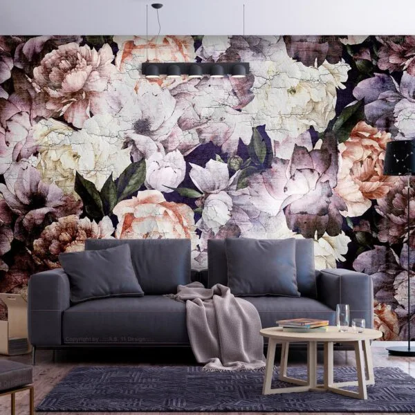 Fotobehang - Plant motif with peonies in a garden - retro style flower background