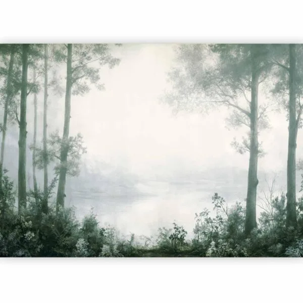 Fotobehang - Retro Landscape - Grove Trees and Pond in Patinated Shades of Green