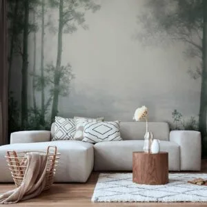 Fotobehang - Retro Landscape - Grove Trees and Pond in Patinated Shades of Green