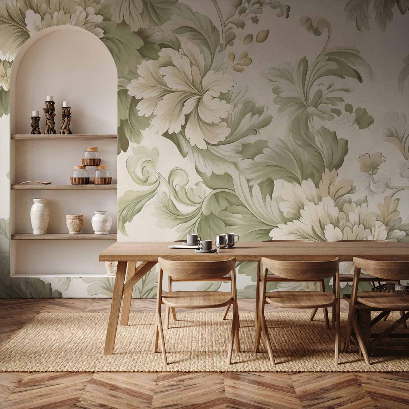 Fotobehang - Retro Vintage Flowers in Delicate Cream and Green Colors