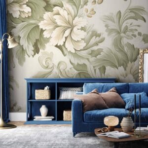 Fotobehang - Retro Vintage Flowers in Delicate Cream and Green Colors