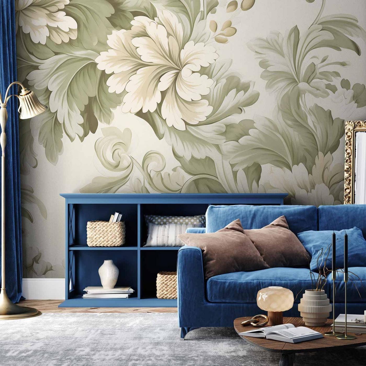 Fotobehang - Retro Vintage Flowers in Delicate Cream and Green Colors